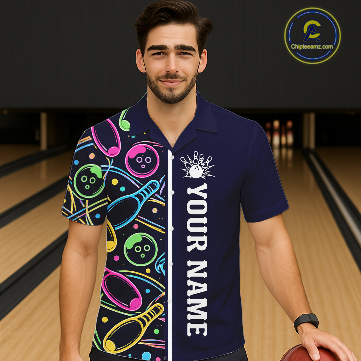 Personalized Funny Neon Bowling Hawaiian Shirt For Women, Retro Bowling Team Jersey Outfit | Navy Blue TDM6460