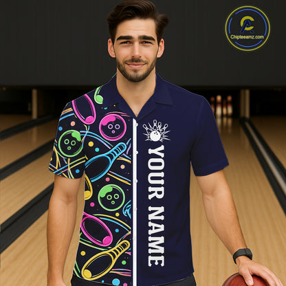 Personalized Funny Neon Bowling Hawaiian Shirt For Women, Retro Bowling Team Jersey Outfit | Navy Blue TDM6460