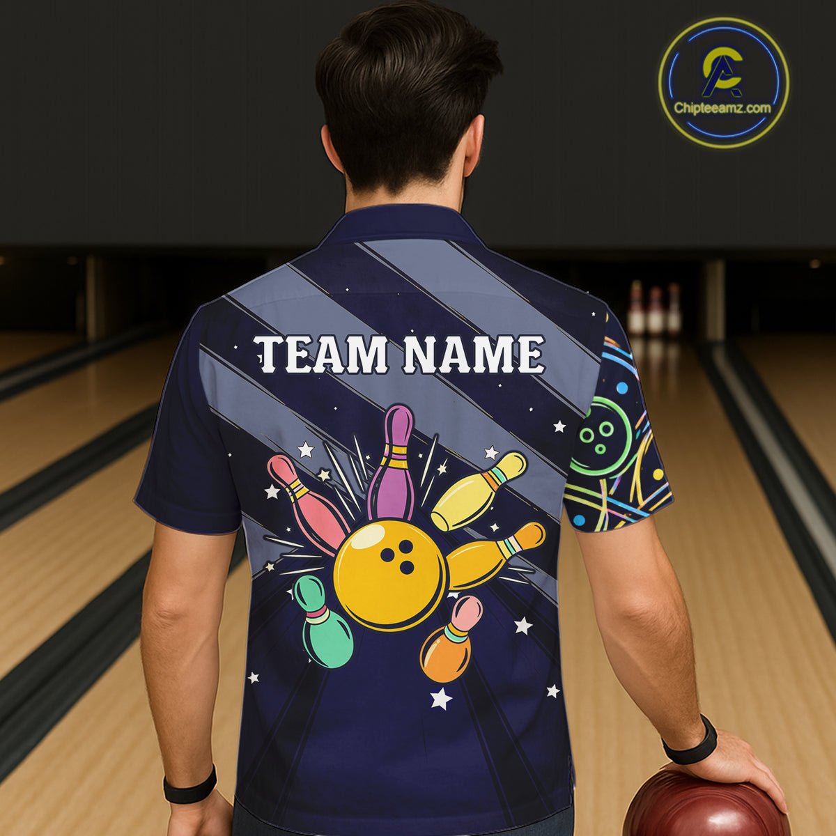 Personalized Funny Neon Bowling Hawaiian Shirt For Women, Retro Bowling Team Jersey Outfit | Navy Blue TDM6460