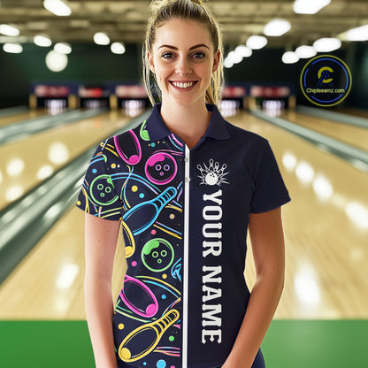Personalized Funny Neon Bowling Shirt For Women, Retro Bowling Team Jersey Polo & 1/4 Zip | Navy Blue TDM6460