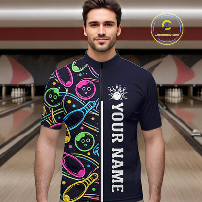 Personalized Funny Neon Bowling Shirt For Men, Retro Bowling Team Jersey Polo & 1/4 Zip | Navy Blue TDM6460