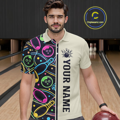 Personalized Funny Neon Bowling Shirt For Men, Retro Bowling Team Jersey Polo & 1/4 Zip TDM6461