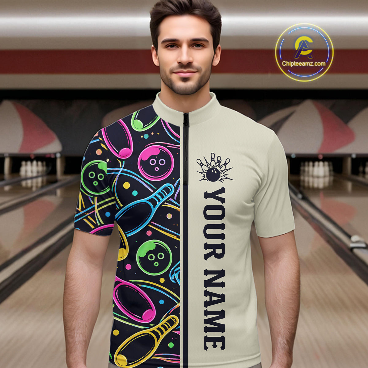 Personalized Funny Neon Bowling Shirt For Men, Retro Bowling Team Jersey Polo & 1/4 Zip TDM6461