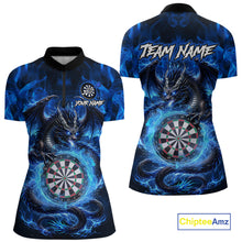 Load image into Gallery viewer, Personalized blue flame dragon darts quarter zip shirt for women built for darts tournaments and league competition.