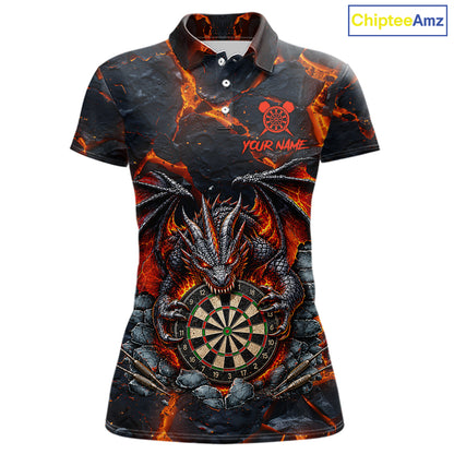 Black and Orange Dartboard Fire Flame Dragon Darts Polo Shirt for Women Featuring a Flaming Dragon and Dartboard Design for Dart League Players, Team Competition, and Tournament Events