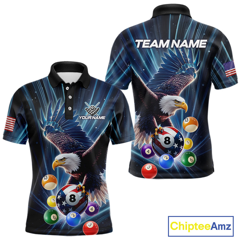 Blue 8 Ball US Flag Eagle Lightning Billiard Shirt For Men Custom Pool Team Jersey Polo & 1/4 Zip TDM5375