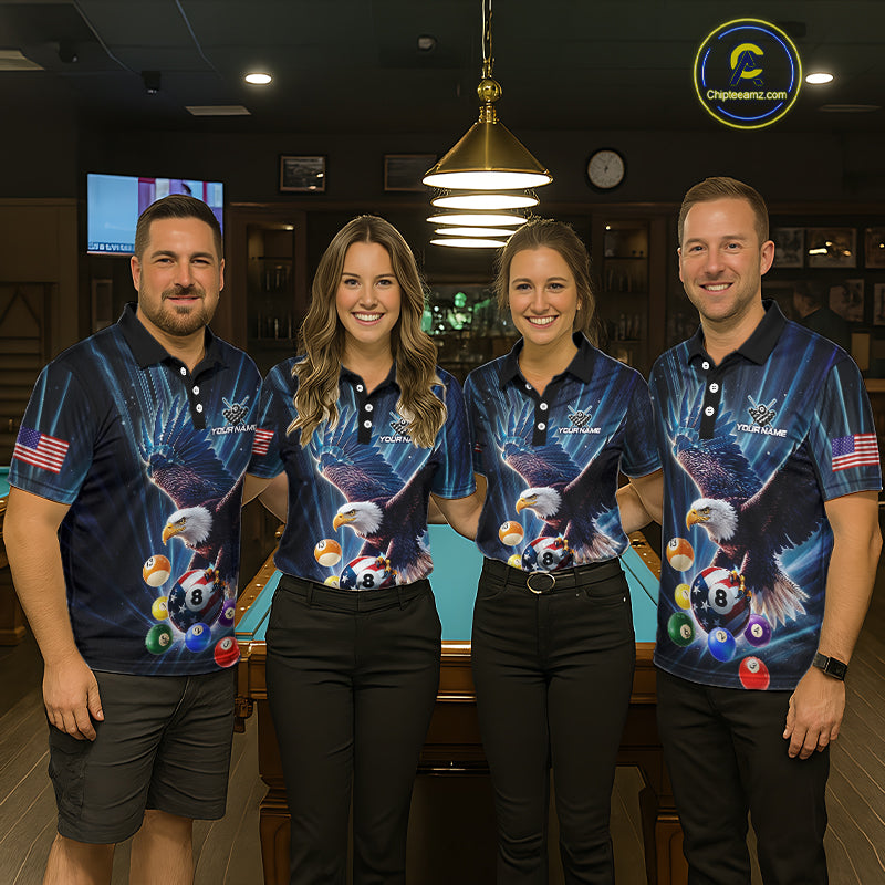 Blue 8 Ball US Flag Eagle Lightning Billiard Shirt For Men Custom Pool Team Jersey Polo & 1/4 Zip TDM5375