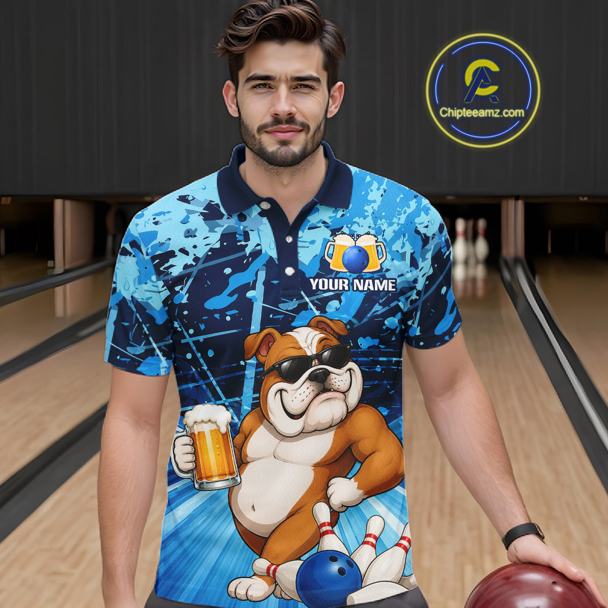 Blue Funny Bulldog Bowling Beer Polo & 1/4 Zip Shirts For Men Custom Bowling Team Jersey TDM6473