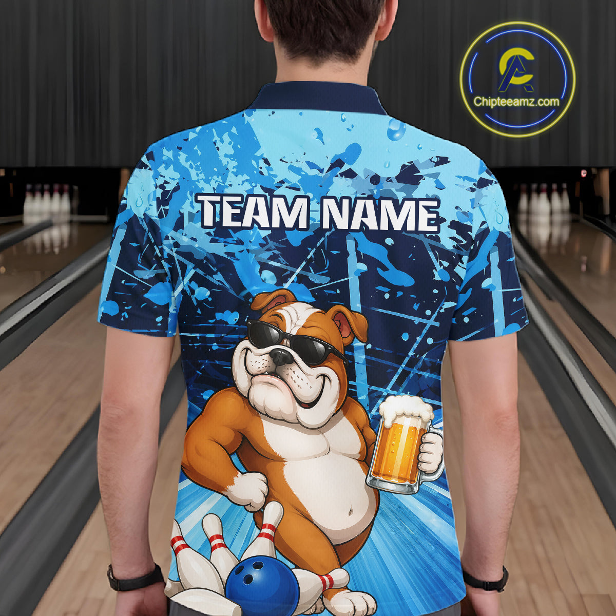 Blue Funny Bulldog Bowling Beer Polo & 1/4 Zip Shirts For Men Custom Bowling Team Jersey TDM6473