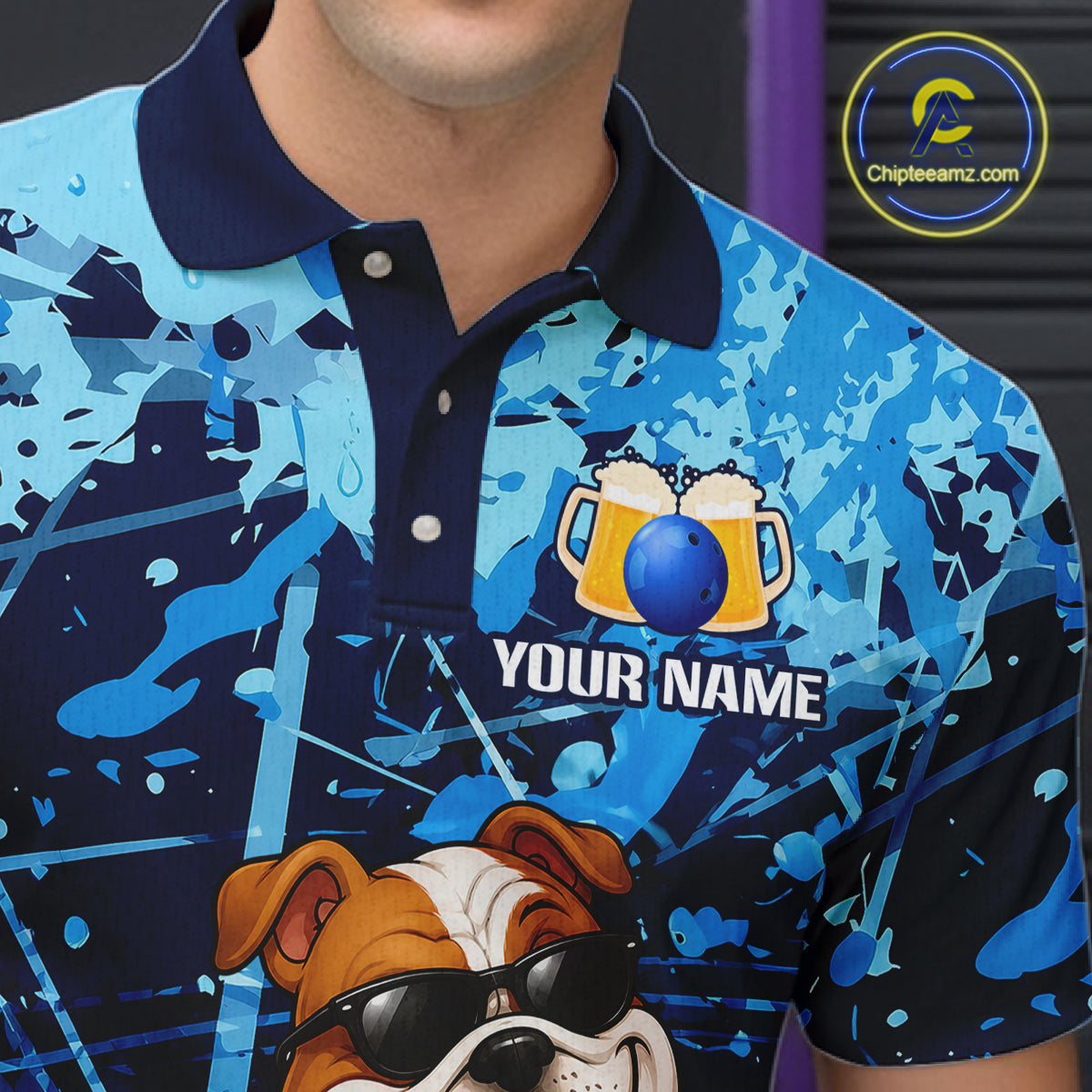 Blue Funny Bulldog Bowling Beer Polo & 1/4 Zip Shirts For Men Custom Bowling Team Jersey TDM6473