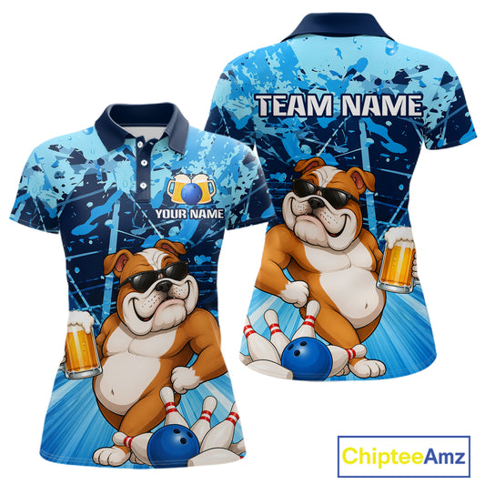 Blue Funny Bulldog Bowling Beer Polo & 1/4 Zip Shirts For Women Custom Bowling Team Jersey TDM6473