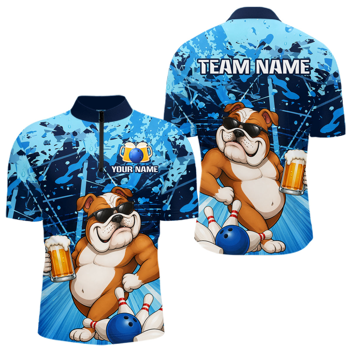 Blue Funny Bulldog Bowling Beer Polo & 1/4 Zip Shirts For Men Custom Bowling Team Jersey TDM6473