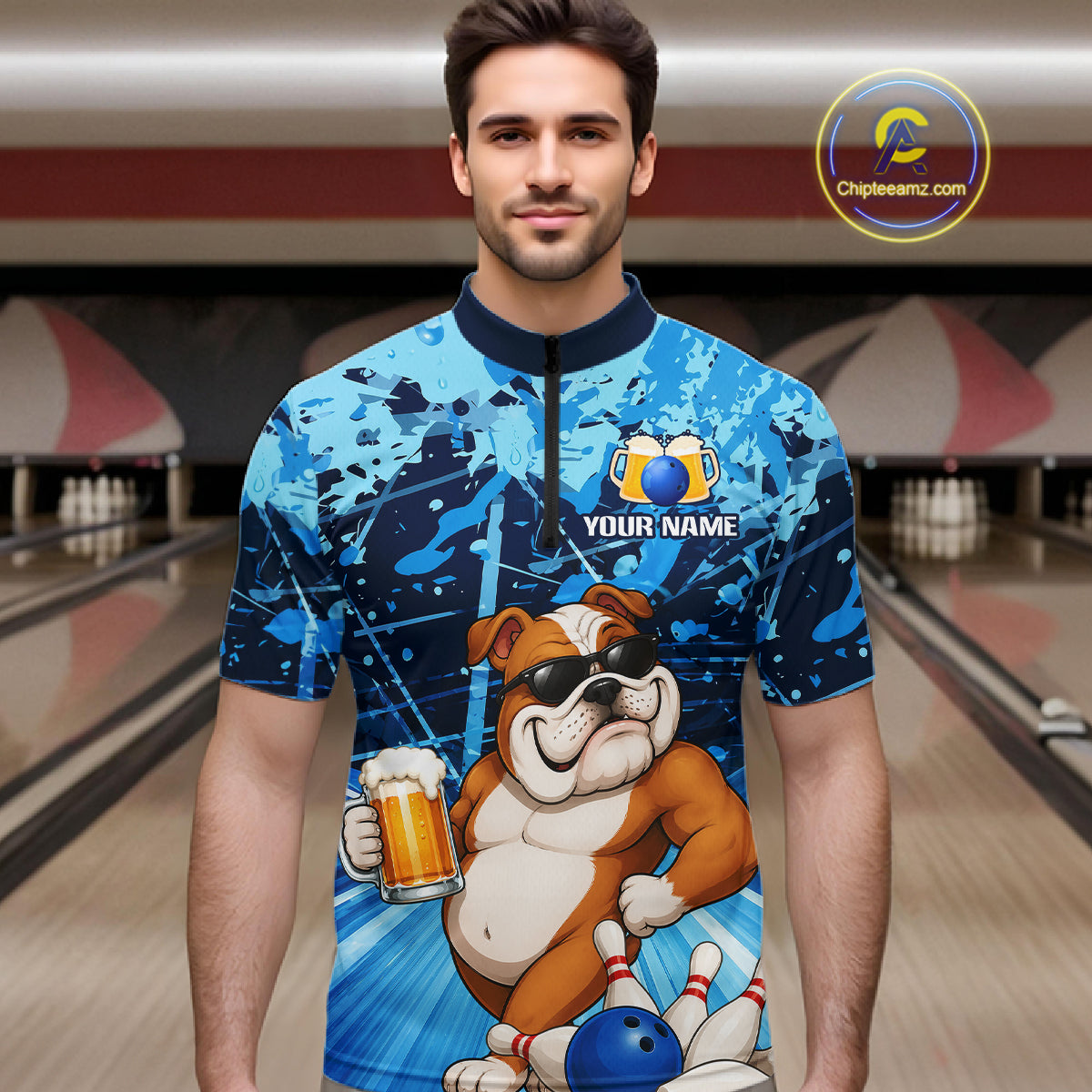 Blue Funny Bulldog Bowling Beer Polo & 1/4 Zip Shirts For Men Custom Bowling Team Jersey TDM6473
