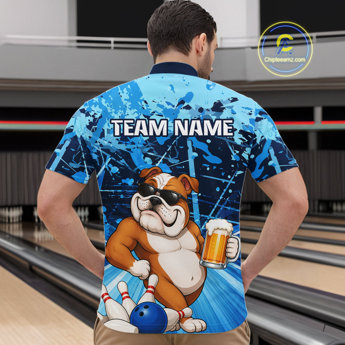 Blue Funny Bulldog Bowling Beer Polo & 1/4 Zip Shirts For Men Custom Bowling Team Jersey TDM6473