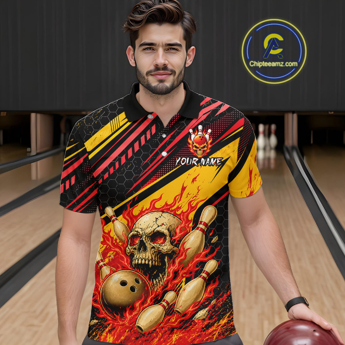 Red & Yellow Flaming Skull Bowling Jersey For Men Custom Bowling League Shirts Team Polo & 1/4 Zip TDM6476