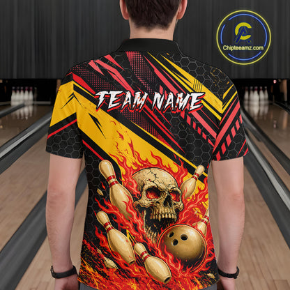 Red & Yellow Flaming Skull Bowling Jersey For Men Custom Bowling League Shirts Team Polo & 1/4 Zip TDM6476