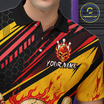 Red & Yellow Flaming Skull Bowling Jersey For Men Custom Bowling League Shirts Team Polo & 1/4 Zip TDM6476