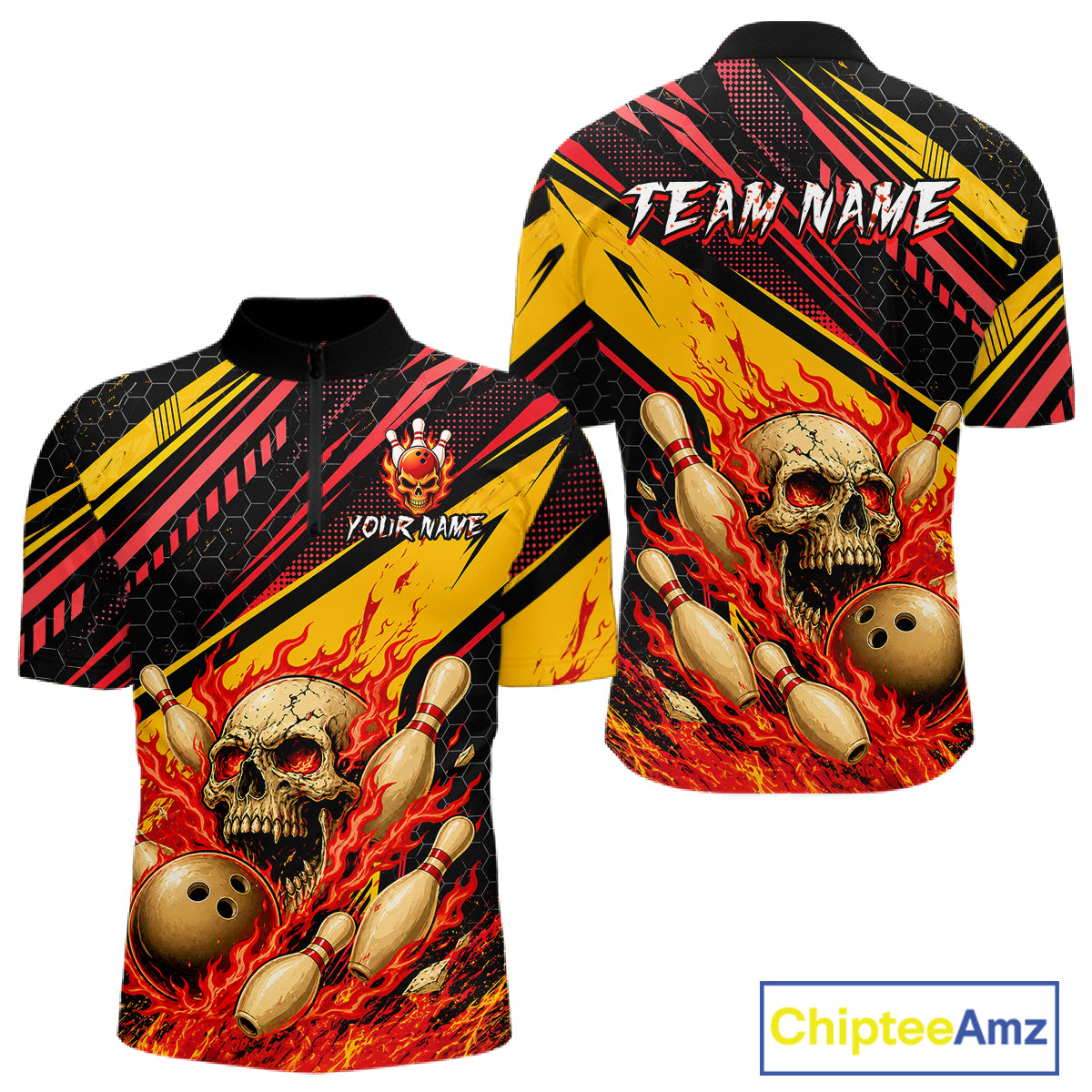 Red & Yellow Flaming Skull Bowling Jersey For Men Custom Bowling League Shirts Team Polo & 1/4 Zip TDM6476