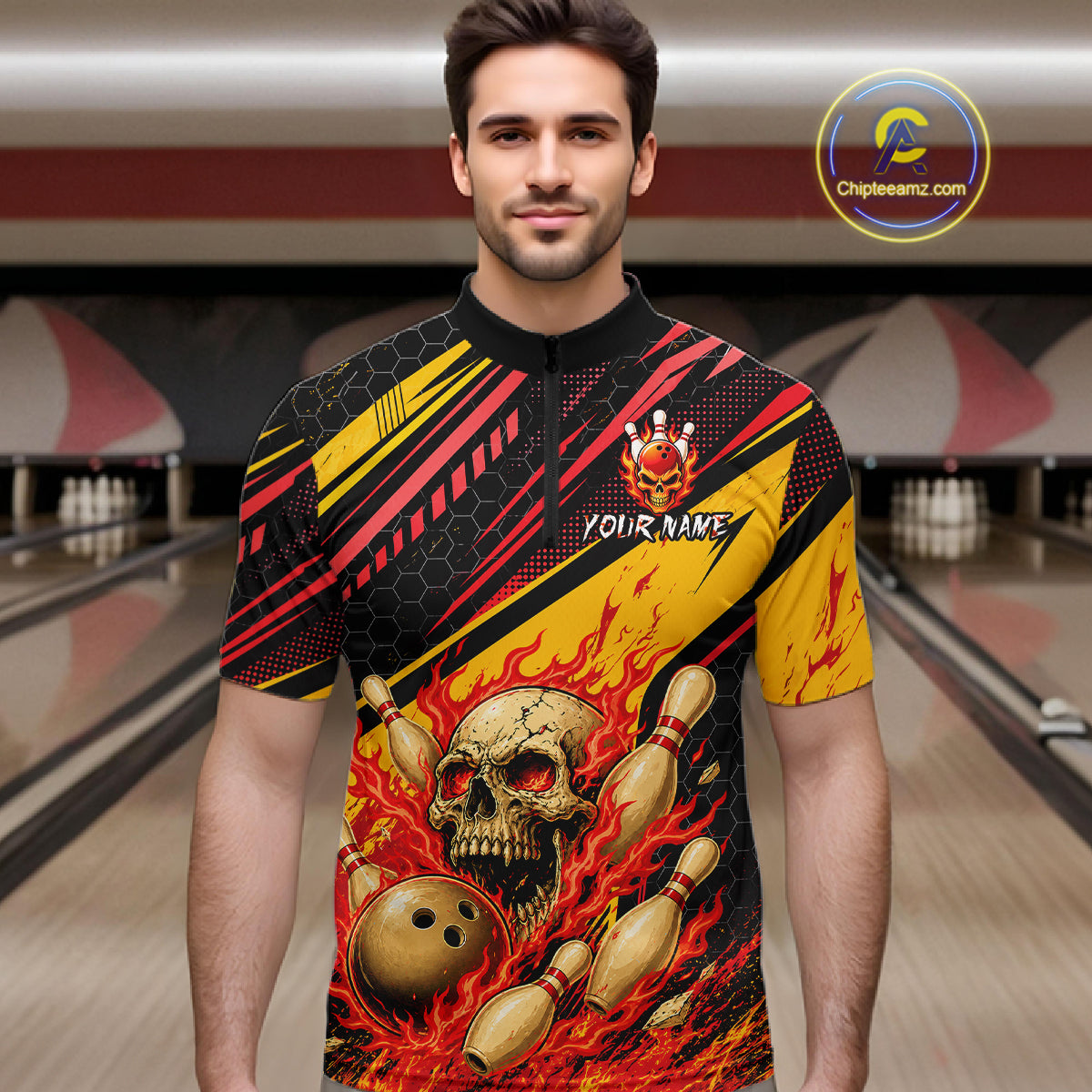 Red & Yellow Flaming Skull Bowling Jersey For Men Custom Bowling League Shirts Team Polo & 1/4 Zip TDM6476