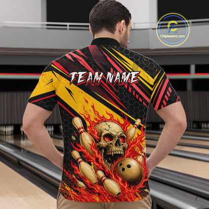 Red & Yellow Flaming Skull Bowling Jersey For Men Custom Bowling League Shirts Team Polo & 1/4 Zip TDM6476