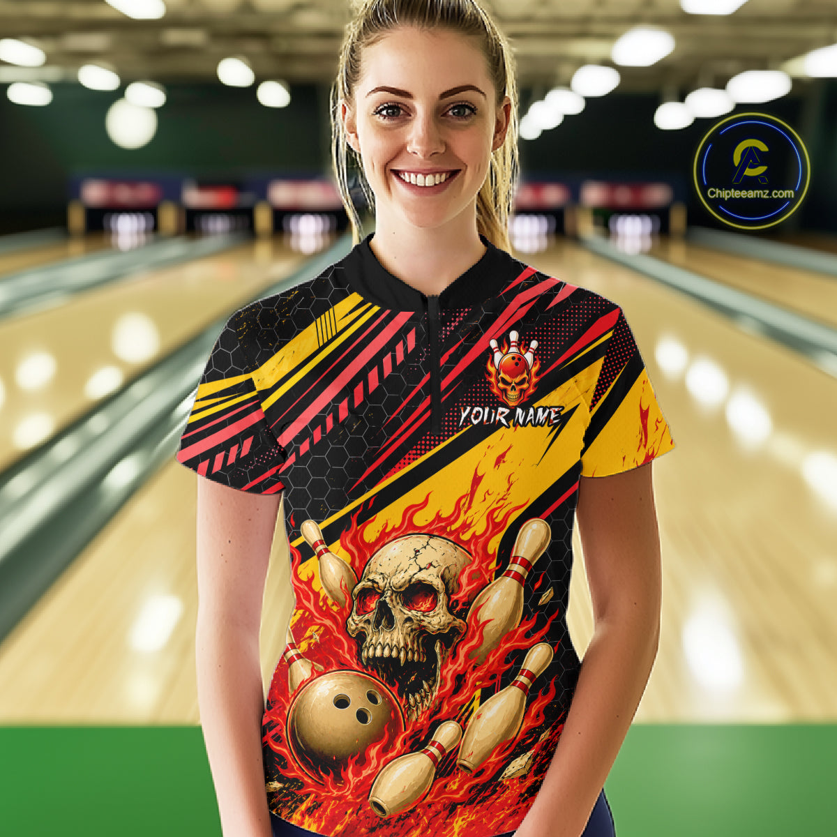 Red & Yellow Flaming Skull Bowling Jersey For Women Custom Bowling League Shirts Team Polo & 1/4 Zip TDM6476