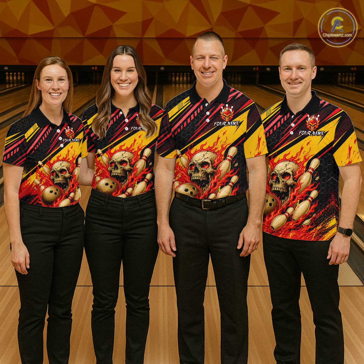Red & Yellow Flaming Skull Bowling Jersey For Women Custom Bowling League Shirts Team Polo & 1/4 Zip TDM6476