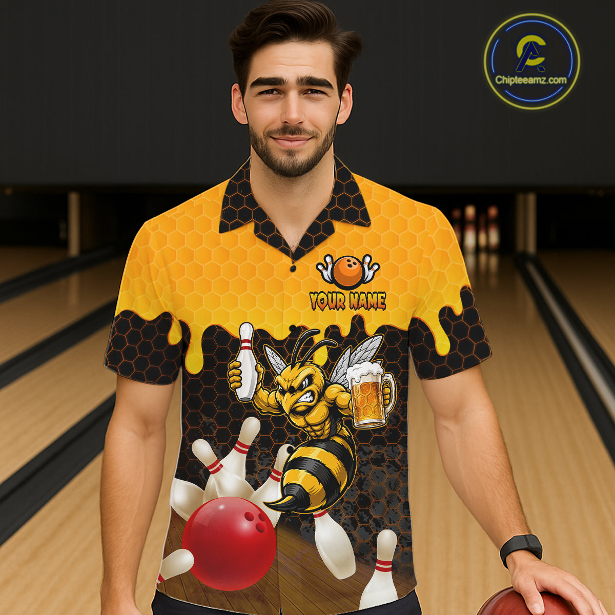 Male model wearing the Black and Yellow Funny Bee Beer Bowling Hawaiian shirt featuring a funny bee, beer mug, black and yellow hexagon pattern and tropical bowling artwork, front view