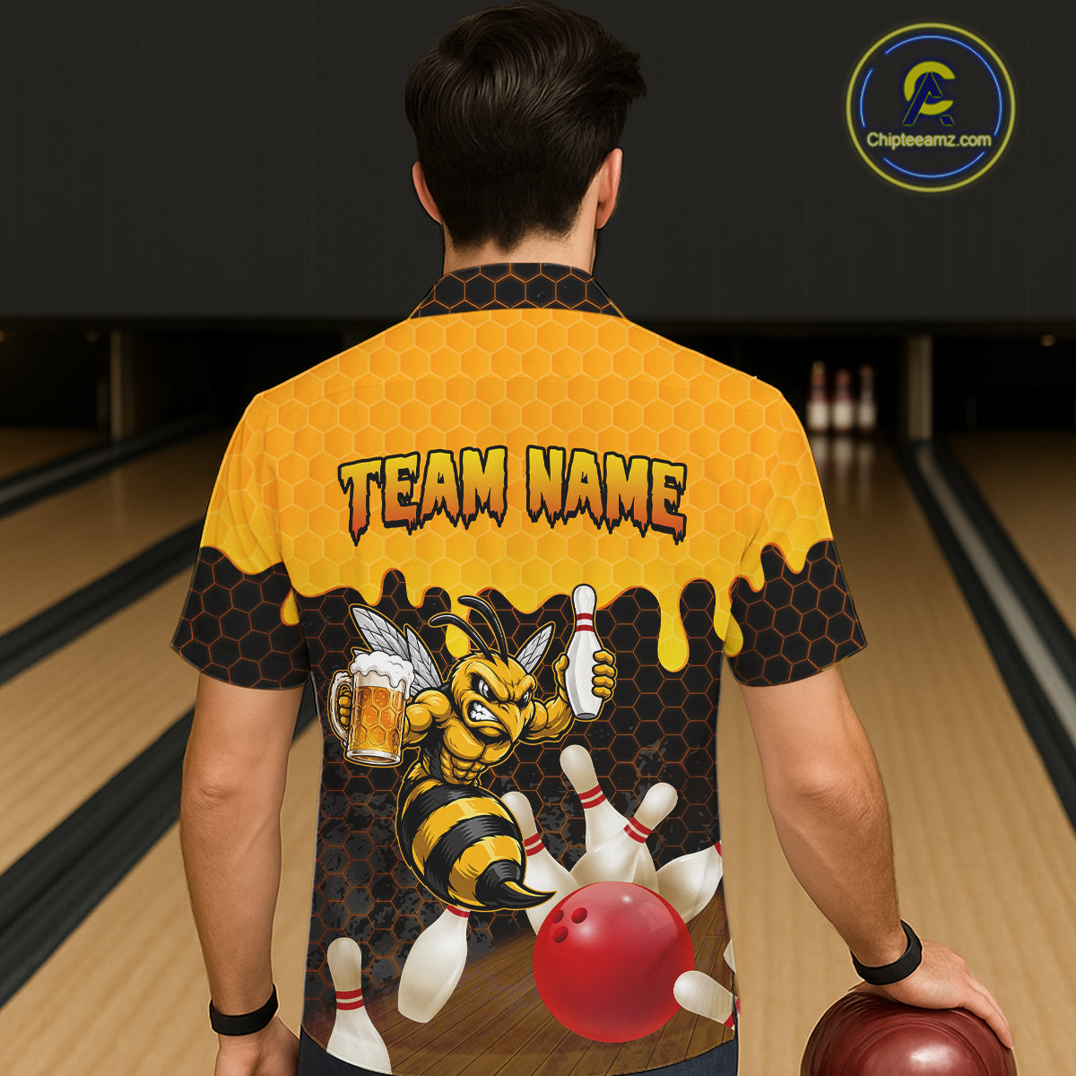 Male model wearing the Black and Yellow Funny Bee Beer Bowling Hawaiian shirt with funny bee graphics, beer mug, black and yellow tropical bowling design, back view