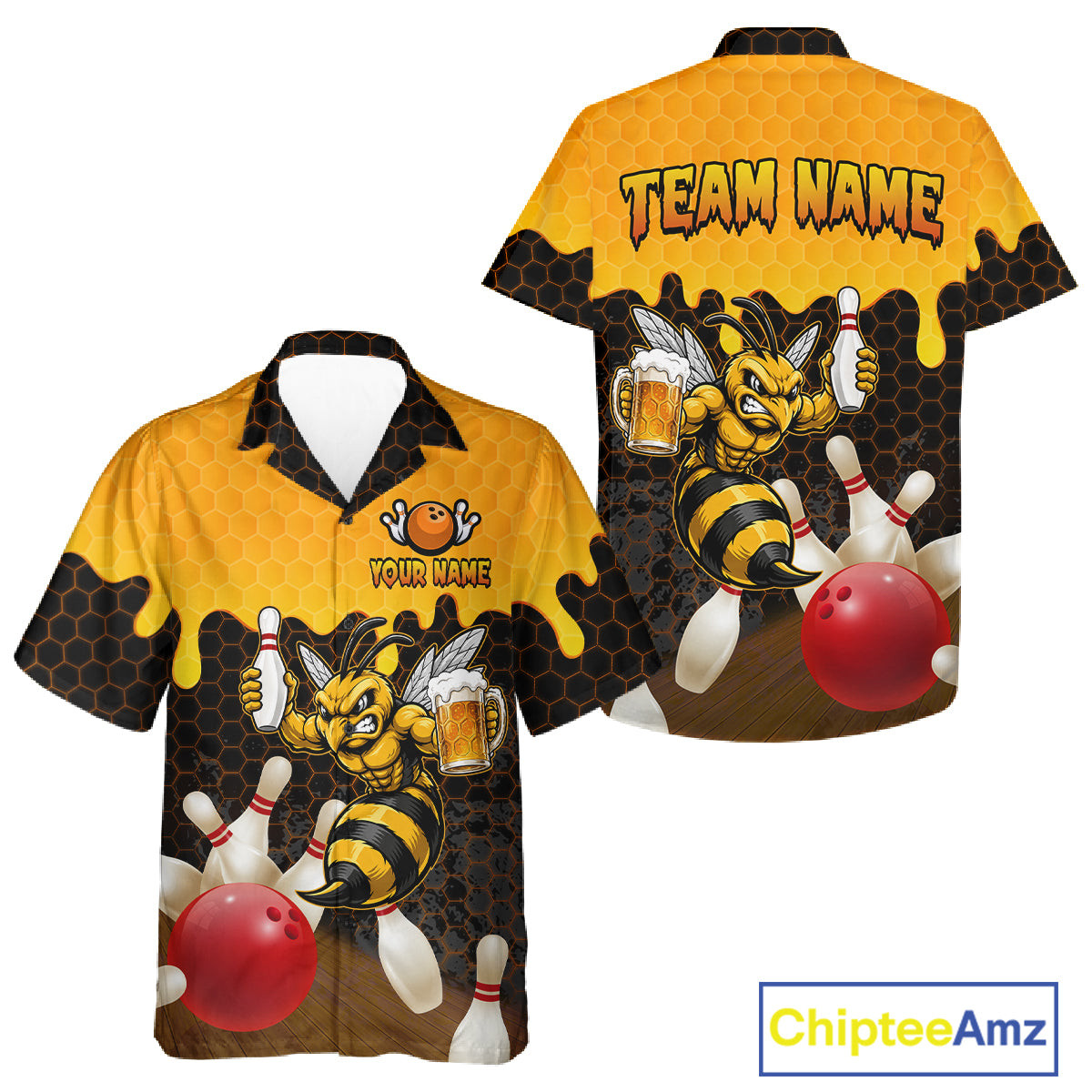 Black and Yellow Funny Bee Beer Bowling Hawaiian shirt mockup featuring front and back views with a funny bee holding a beer mug, black and yellow hexagon pattern and tropical bowling design for men women