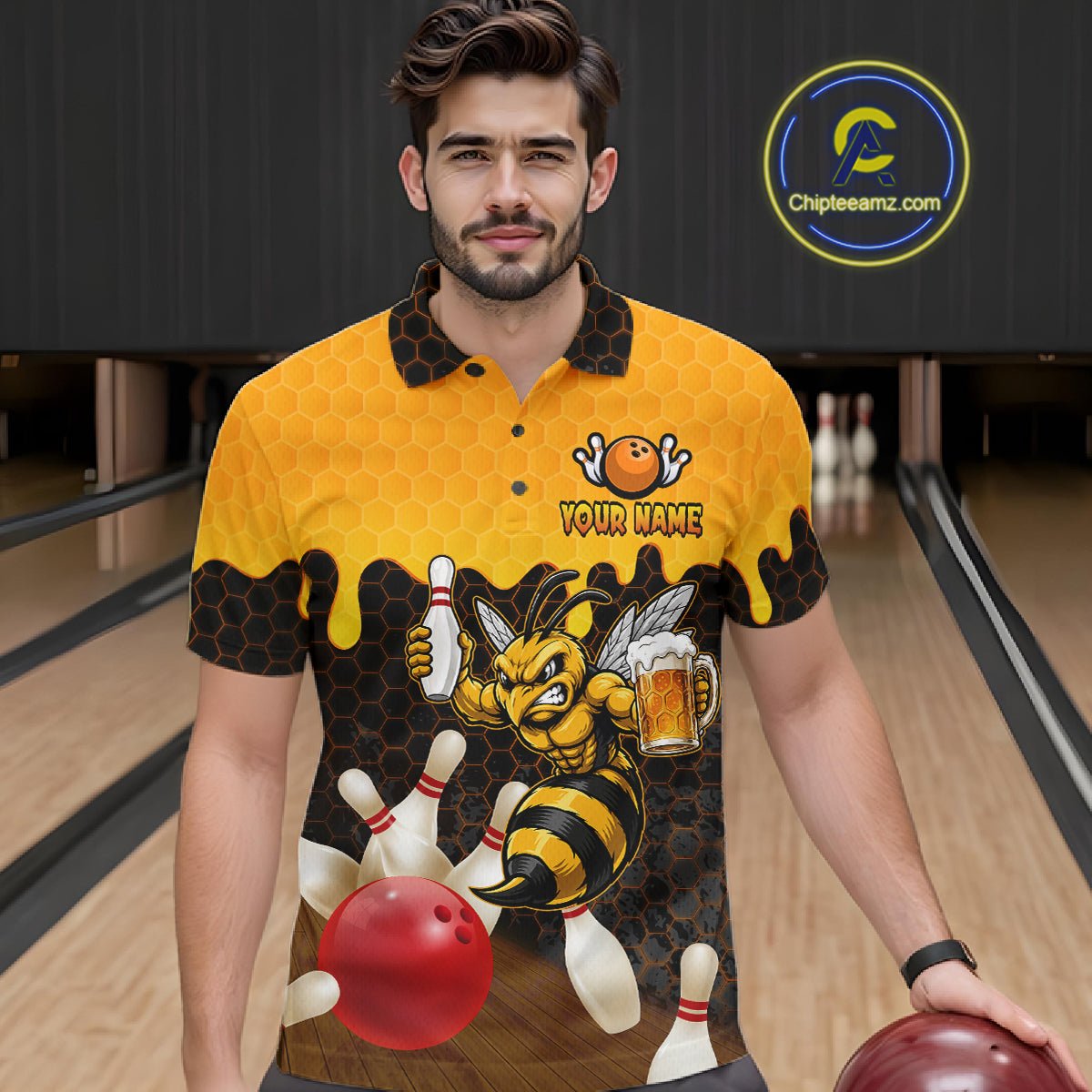 Male model wearing the Black and Yellow Funny Bee Beer Bowling polo shirt with funny bee, beer mug and yellow hexagon graphics, front view