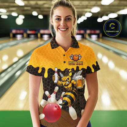 Female model wearing the Black and Yellow Funny Bee Beer Bowling polo shirt with funny bee, beer mug and yellow hexagon graphics, front view