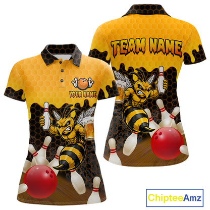 Black and Yellow Funny Bee Beer Bowling Shirt design featuring a funny bee holding a beer mug with black, yellow and hexagon pattern on a custom polo bowling shirt for women