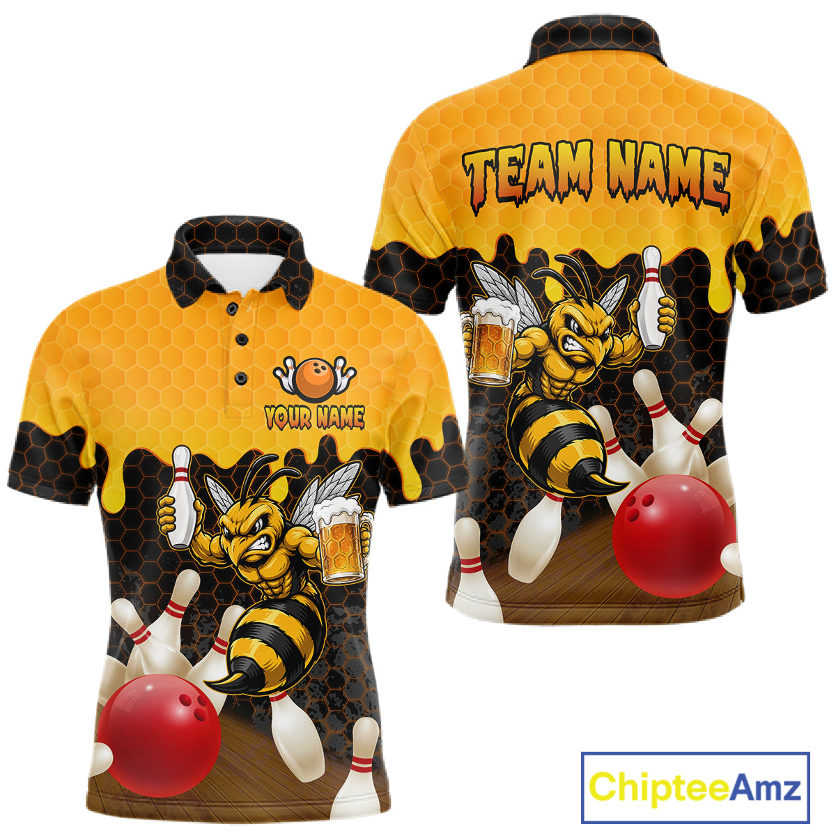 Black and Yellow Funny Bee Beer Bowling Shirt design featuring a funny bee holding a beer mug with black, yellow and hexagon pattern on a custom polo bowling shirt for men