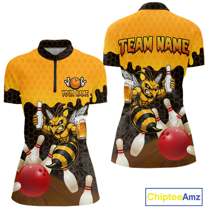 Black and Yellow Funny Bee Beer Bowling quarter zip bowling shirt featuring a funny bee, beer mug and bold black and yellow hexagon design for women