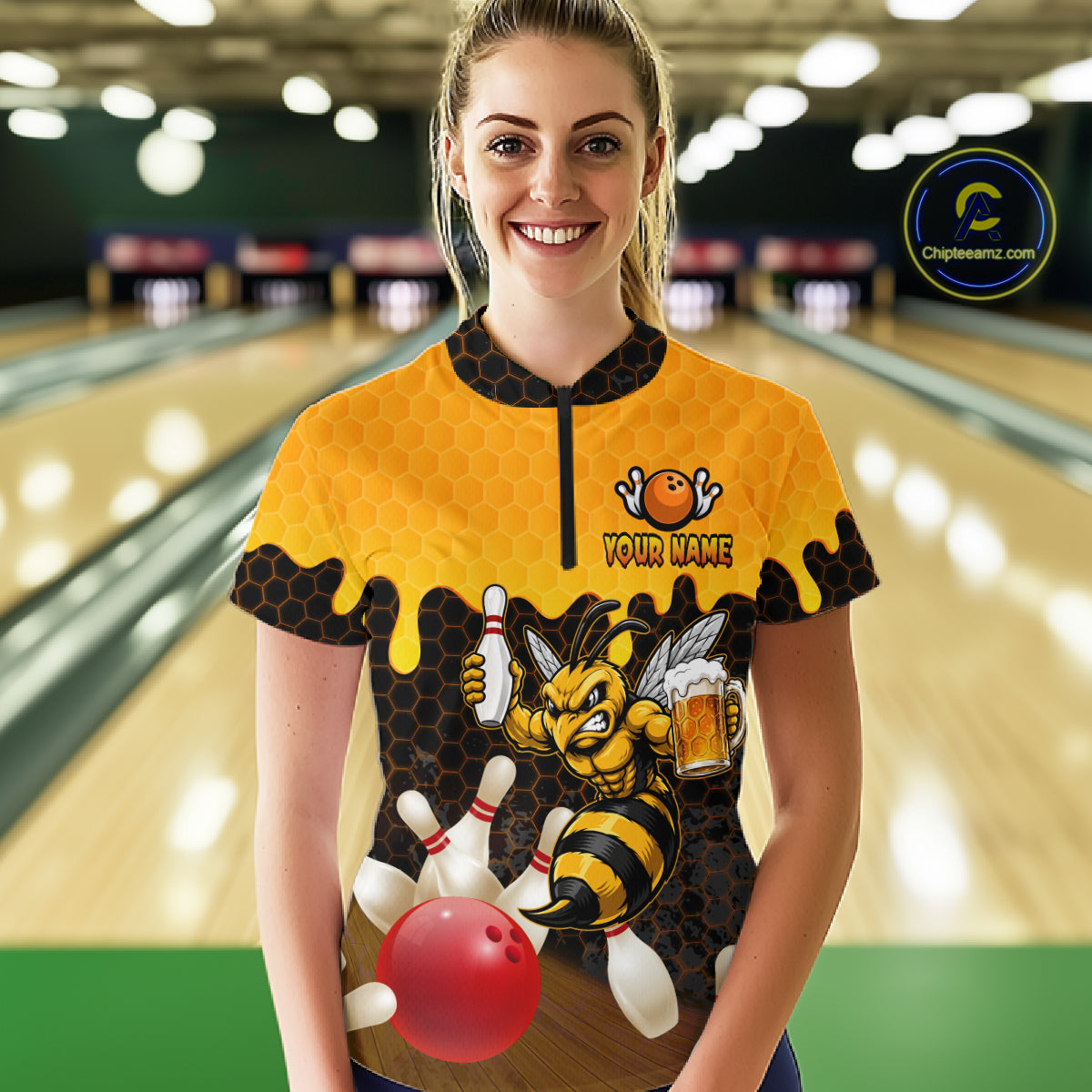 Female model wearing the Black and Yellow Funny Bee Beer Bowling quarter zip shirt featuring funny bee and beer themed bowling artwork, front view