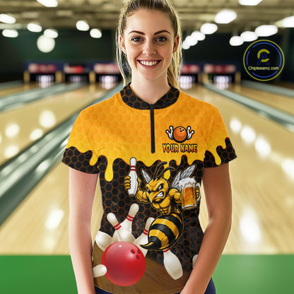 Female model wearing the Black and Yellow Funny Bee Beer Bowling quarter zip shirt featuring funny bee and beer themed bowling artwork, front view