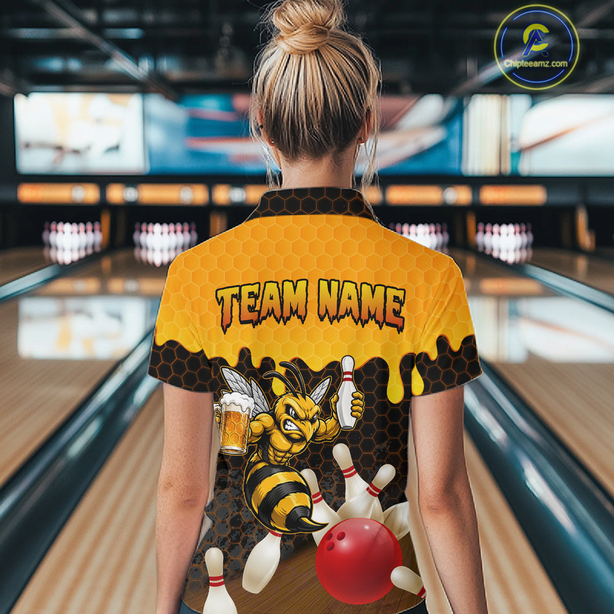 Female model wearing the Black and Yellow Funny Bee Beer Bowling polo shirt featuring bold yellow hexagon bowling graphics, back view