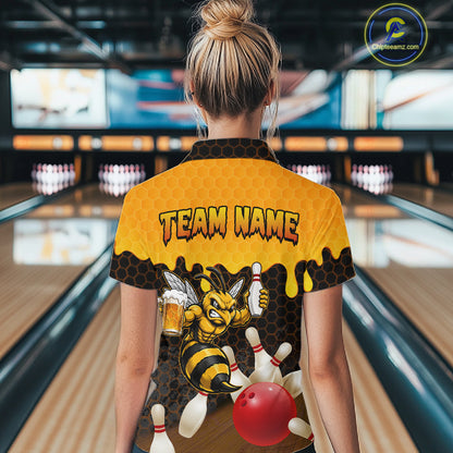 Female model wearing the Black and Yellow Funny Bee Beer Bowling polo shirt featuring bold yellow hexagon bowling graphics, back view