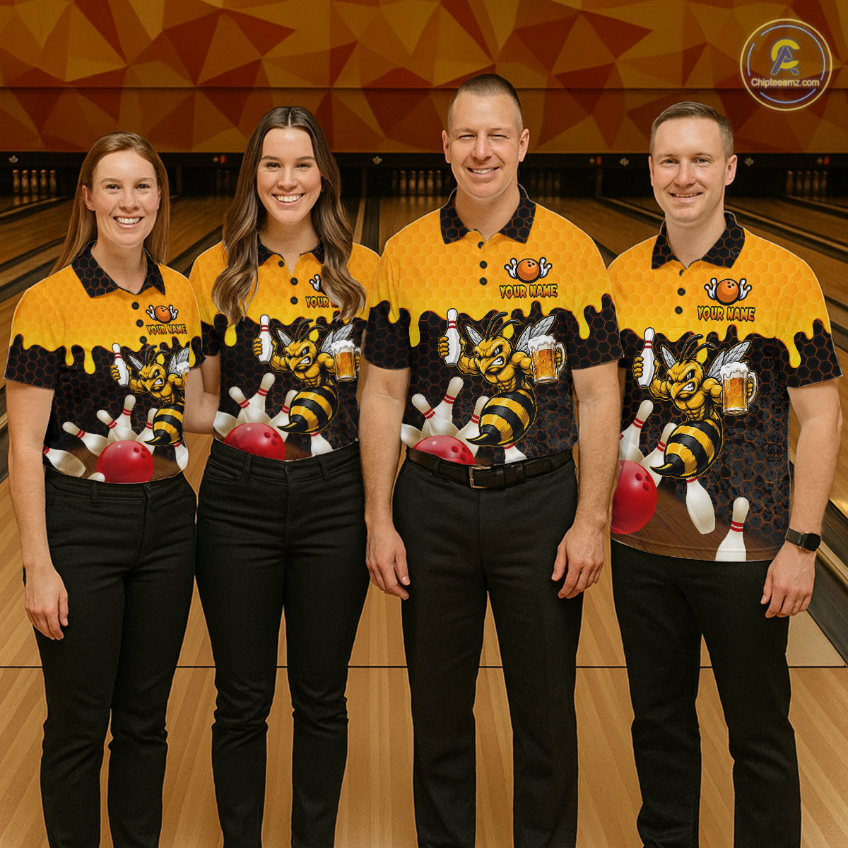 Men's bowling team wearing matching Black and Yellow Funny Bee Beer Bowling shirts, front view