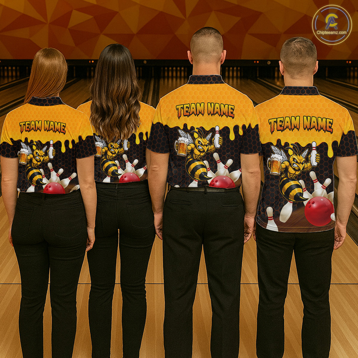 Men's bowling team wearing matching Black and Yellow Funny Bee Beer Bowling shirts, back view