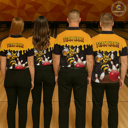 Men's bowling team wearing matching Black and Yellow Funny Bee Beer Bowling shirts, back view