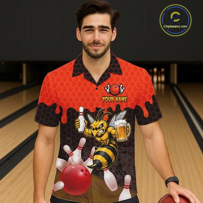Male model wearing the Black and Red Funny Bee Beer Bowling Hawaiian shirt featuring a funny bee, beer mug, black and red hexagon pattern and tropical bowling artwork, front view