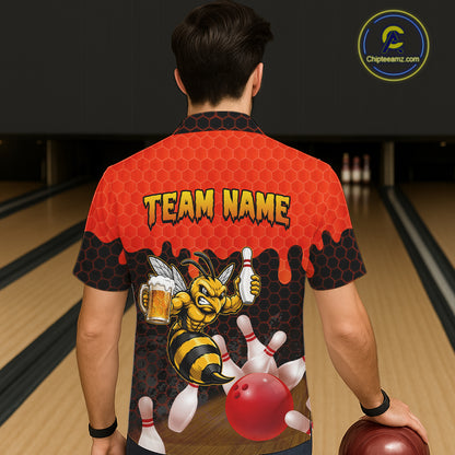 Male model wearing the Black and Red Funny Bee Beer Bowling Hawaiian shirt with funny bee graphics, beer mug, black and red tropical bowling design, back view