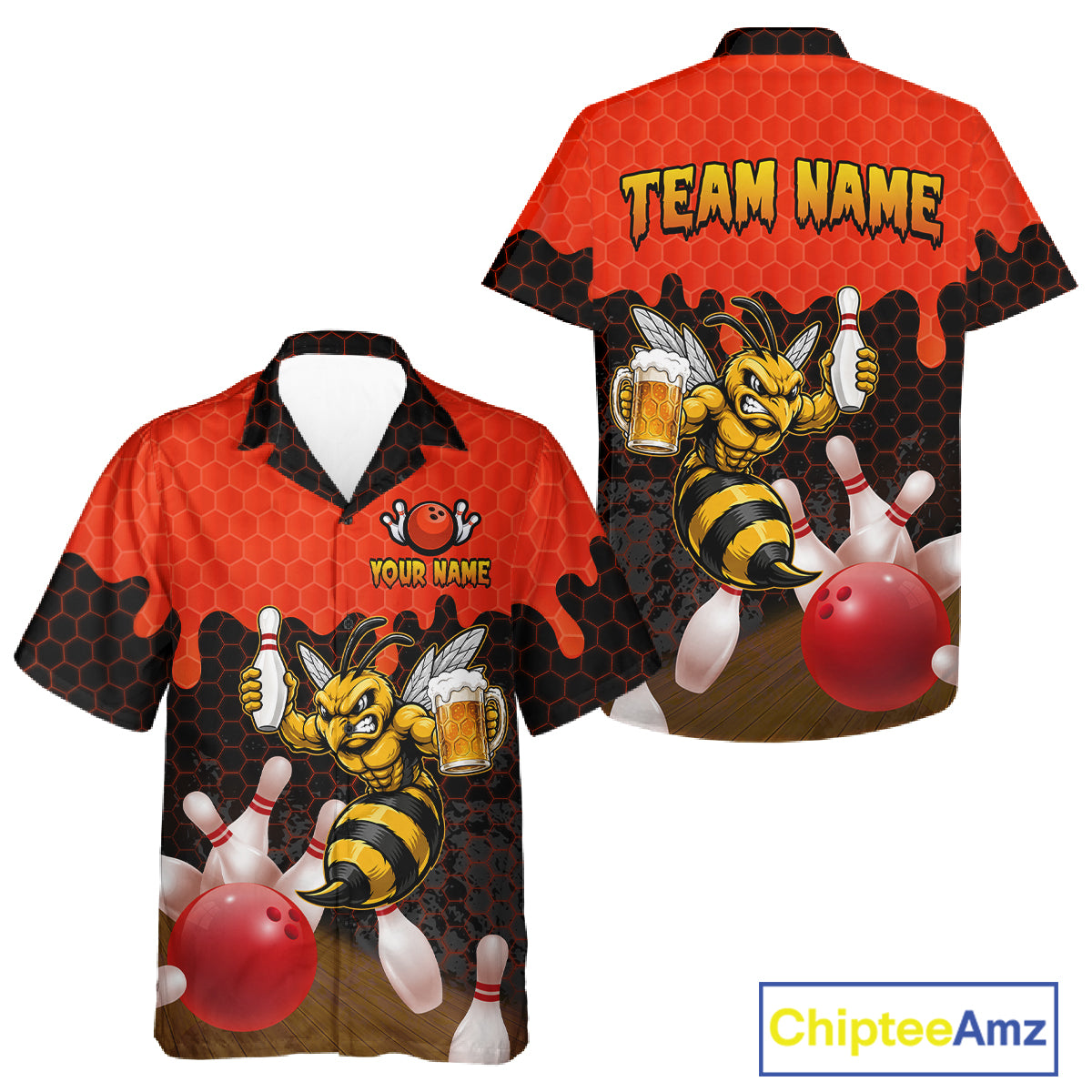 Black and Red Funny Bee Beer Bowling Hawaiian shirt mockup featuring front and back views with a funny bee holding a beer mug, black and red hexagon pattern and tropical bowling design for men women