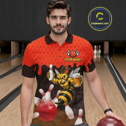 Male model wearing the Black and Red Funny Bee Beer Bowling polo shirt with funny bee, beer mug and red hexagon graphics, front view