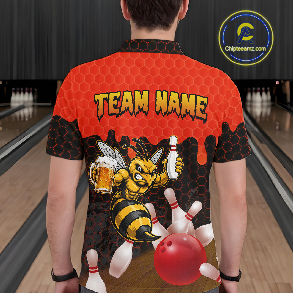 Male model wearing the Black and Red Funny Bee Beer Bowling polo shirt featuring bold red hexagon bowling graphics, back view