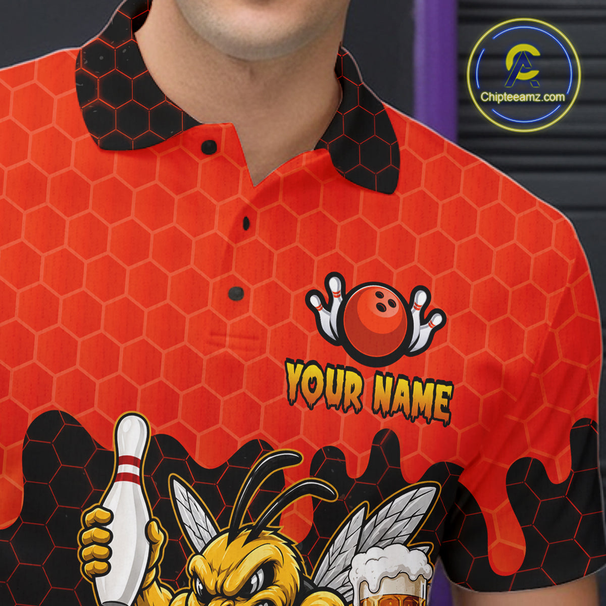 Close-up of the men's Black and Red Funny Bee Beer Bowling polo shirt showing the collar, button placket, chest bee artwork and premium performance fabric