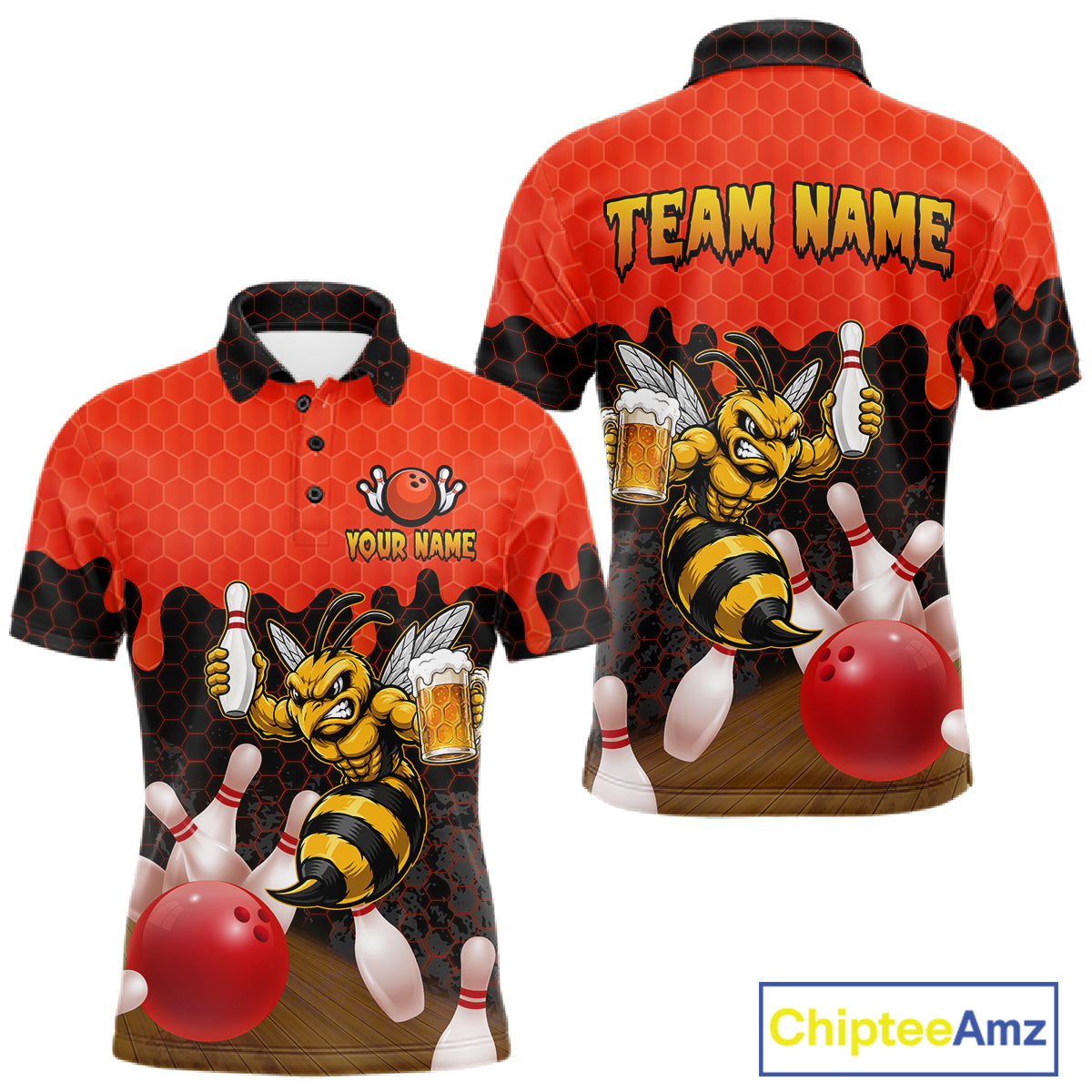 Black and Red Funny Bee Beer Bowling Shirt design featuring a funny bee holding a beer mug with black, red and hexagon pattern on a custom polo bowling shirt for men