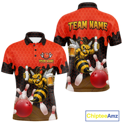 Black and Red Funny Bee Beer Bowling Shirt design featuring a funny bee holding a beer mug with black, red and hexagon pattern on a custom polo bowling shirt for men