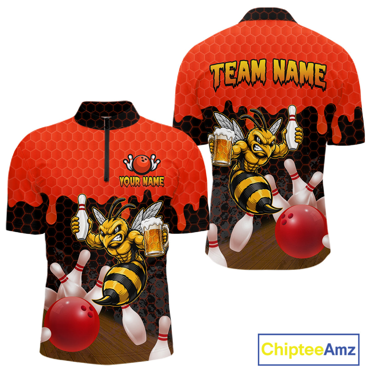 Black and Red Funny Bee Beer Bowling quarter zip bowling shirt featuring a funny bee, beer mug and bold black and red hexagon design for men